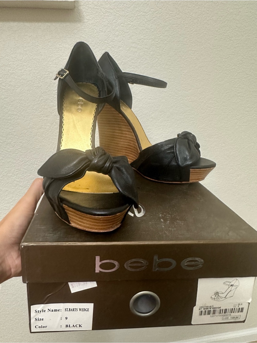 bebe  - St. Barts wedge Black Knotted Ankle-Strap Sandals -Size 9